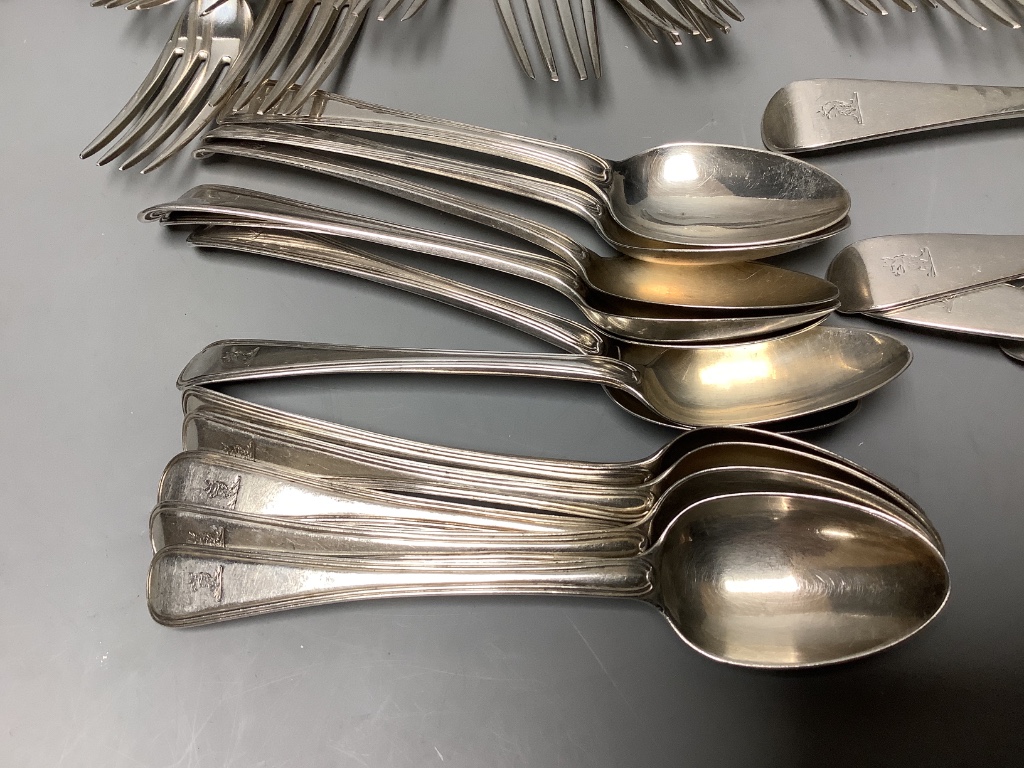 Thirty six items of 18th & 19th century silver Old English, Old English thread and Hanovarian flatware, various dates and makers (worn tines)